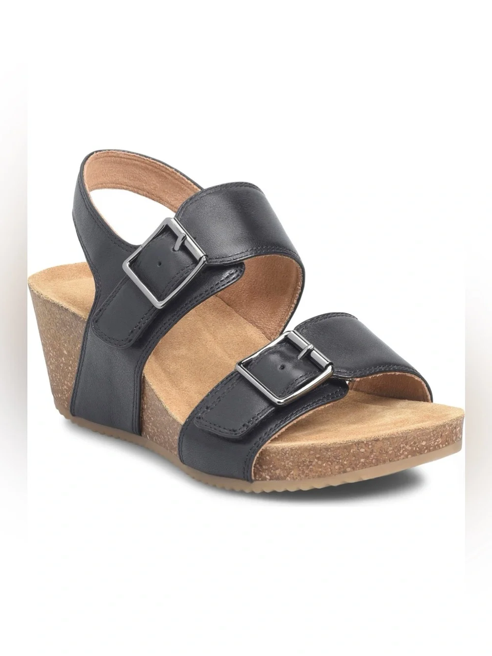 NEW Comfortiva Erlina Wedge Sandal Black Leather Heel Buckle Women’s Size 8 M